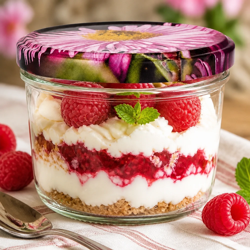 230 ml Briller + BasicSeal låg blomsterdekoration UN 230 ml BasicSeal blomsterlåg fyldt med hindbærdessert, lagdelt dessert med fløde og friske bær