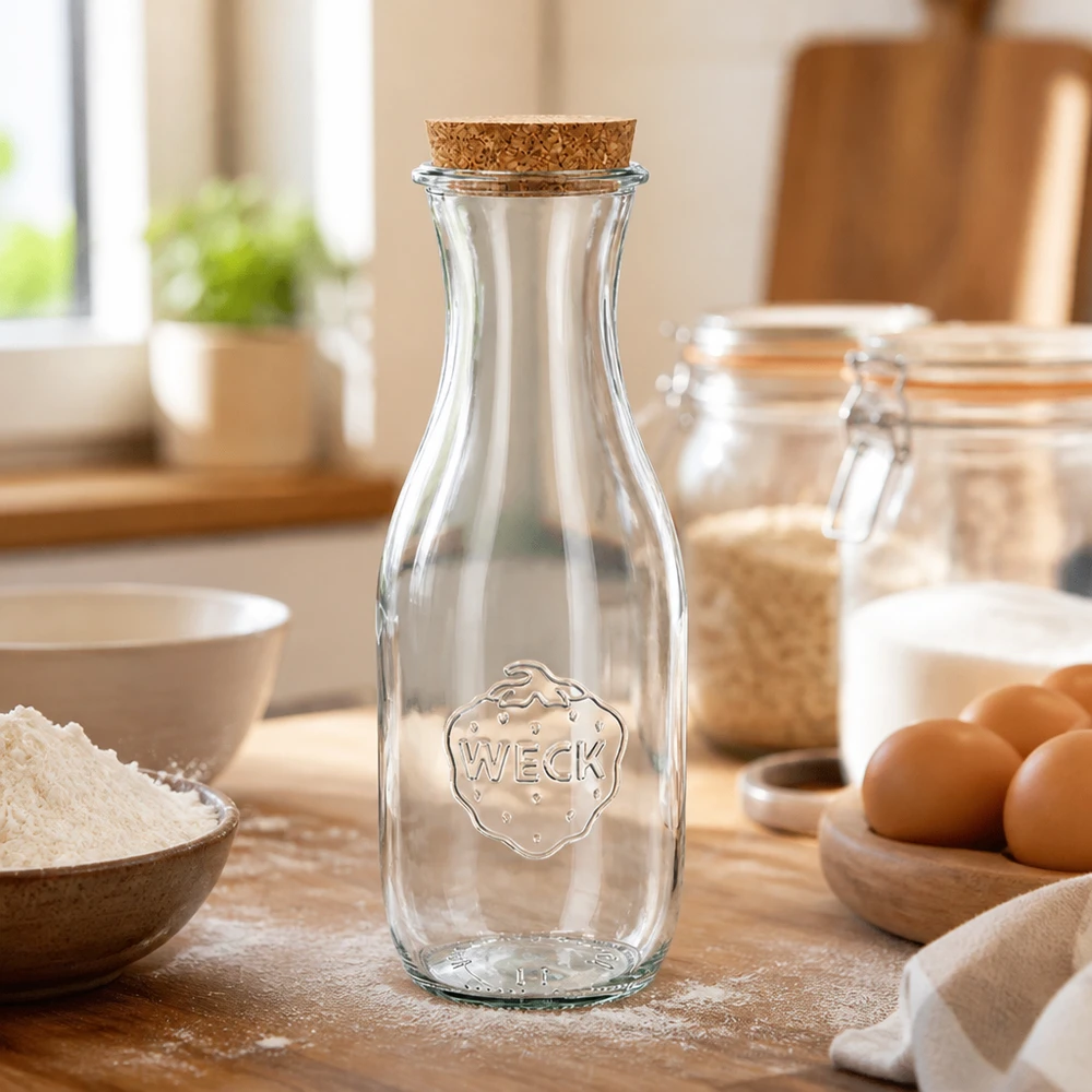 1062 ml juiceflaske WECK RR60 med kork natur WECK glasflaske 1062ml RR60 med kork på træbordplade mellem bageingredienser som mel og æg i et lyst køkken
