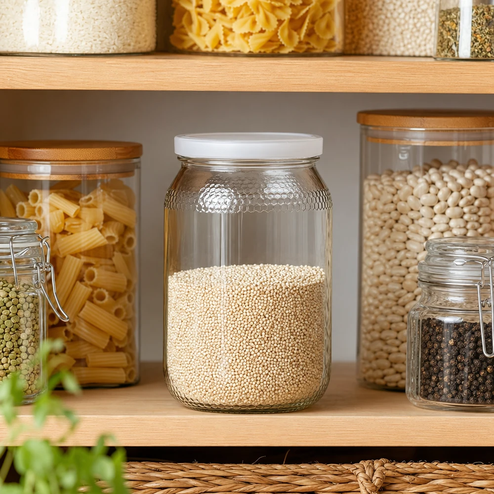 1260 g honningglas med hvidt BasicSeal UNiTWIST-låg Honningkrukke 900 ml med quinoa i køkkenskab Opbevaring spisekammer BasicSeal låg hvid UNiTWIST