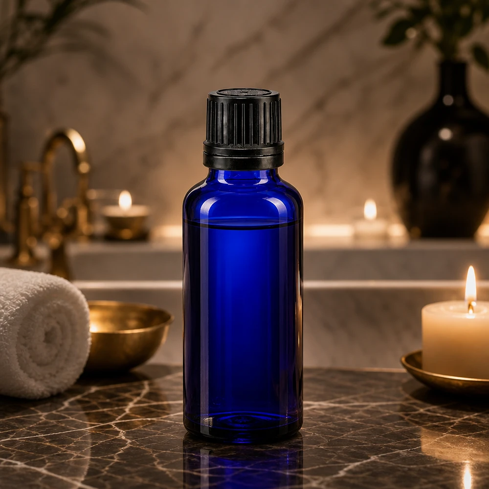 Koboltblå 30 ml apotekerflaske med original skruelåg på mørk marmor i spa-atmosfære