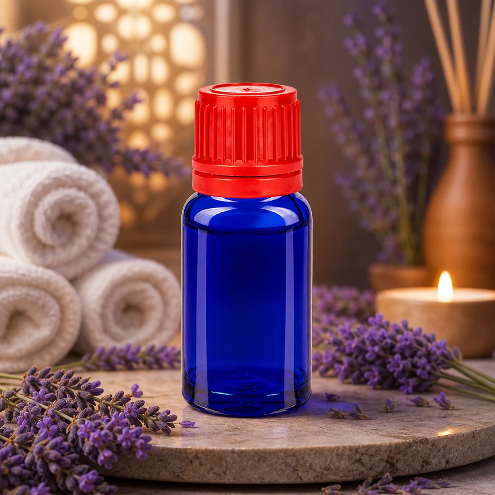 10 ml flaske 11 mm SV rød OV BlueLine UT18/10 Lille 10 ml aromaterapiflaske blå med rød dråbehætte til lavendelolie og wellness