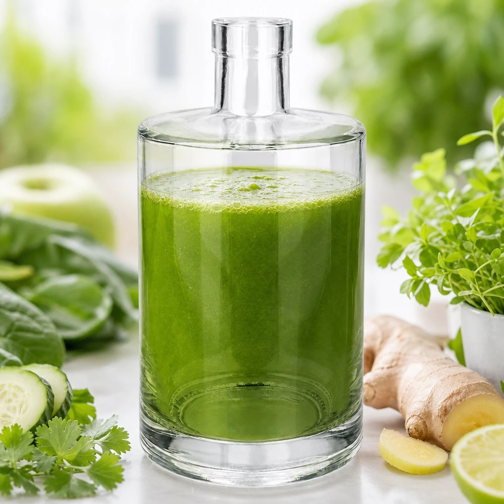 700 ml glasflaske Marie uden låg UNiTWIST® 700 ml glasflaske Marie fyldt med grøn smoothie ved siden af agurk, ingefær og krydderurter på en lys baggrund