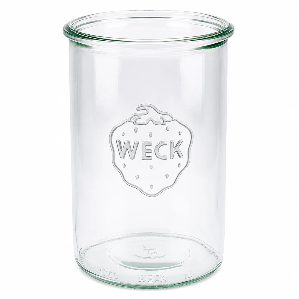 1000 ml WECK RR100-glas med skrå kant WECK 1000 ml RR100 murerbalje i klart glas med præget logo til konservering og opbevaring