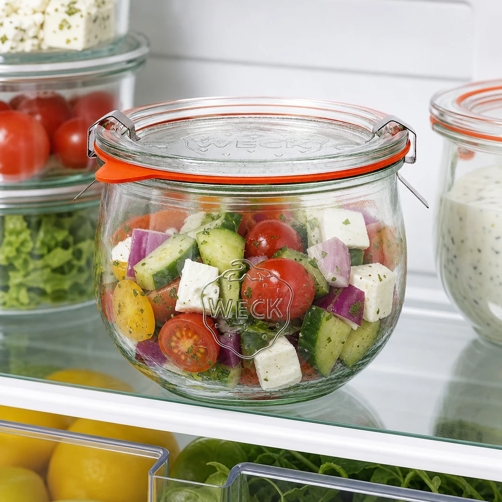 580 ml tulipankrukke komplet WECK RR100 WECK tulipankrukke 580 ml RR100 med farverig salat i køleskabet, praktisk opbevaring af friske ingredienser til måltider