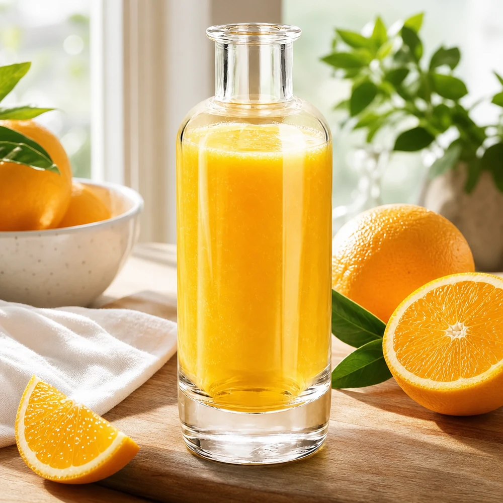 200 ml glasflaske »Ella« uden låg UNiTWIST® 200 ml glasflaske Ella fyldt med appelsinjuice omgivet af friske appelsiner viser naturlige frugtdrikke Anvendelse