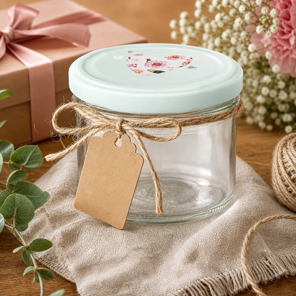 225 ml skålglas + BasicSeal låg hjerte mint UNiTWIST 225 ml glas med BasicSeal-hjertelåg som gaveidé dekoreret med jutesnor og vedhæng