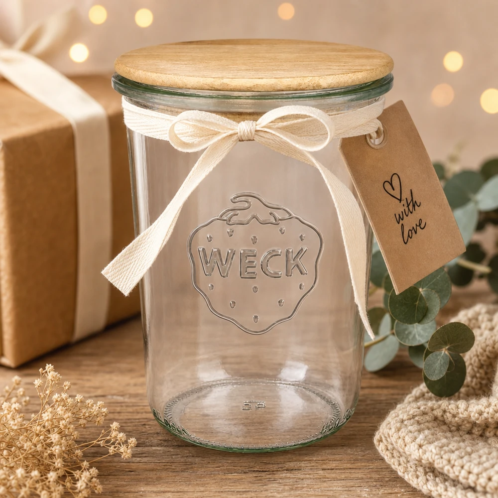 850 ml Briller WECK RR100 med trælåg WECK glas 850ml RR100 trælåg gaveæske med sløjfemærke Festlig dekoration Jul