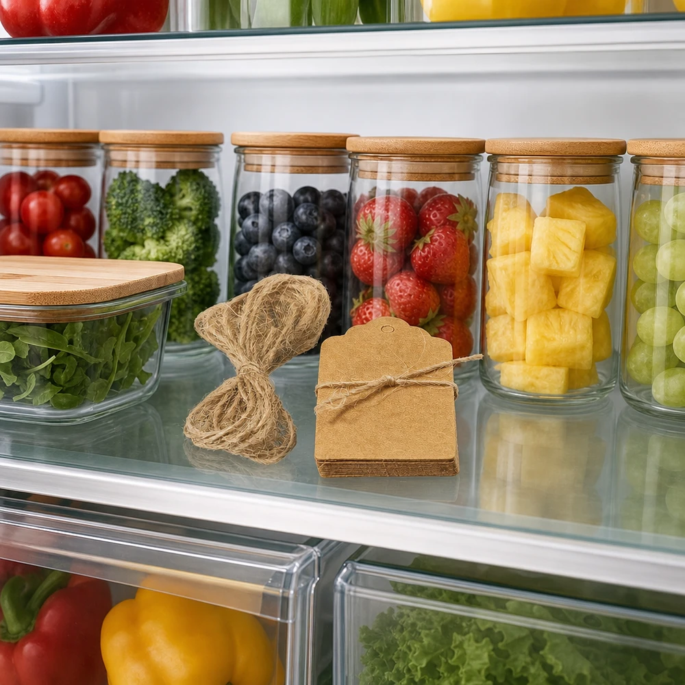 Hænger 30 x 50 mm med snor (pakke(r) med 10 stk.) Braune Geschenkanhänger mit Kordel im Kühlschrank neben Vorratsgläsern mit Obst für praktische Lebensmittel-Organisation