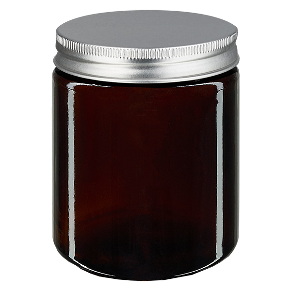 180 ml glaskrukke brun, med sølvfarvet metallåg ApoGlas. Farmaceutisk kvalitet fra EU-produktion. Fødevaresikker. Med UV-beskyttelse.