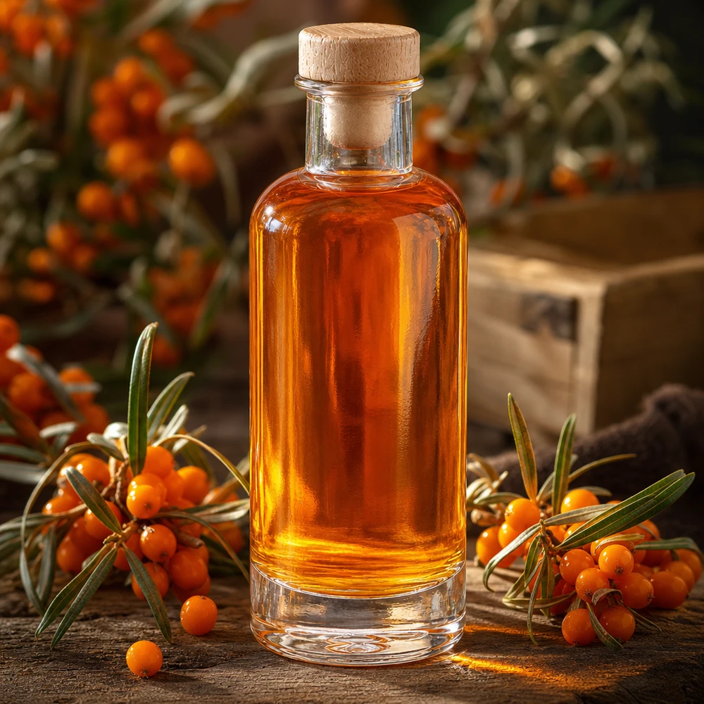 200 ml glasflaske »Ella« med træhåndtag og prop UNiTWIST® 200 ml glasflaske Ella med træprop fyldt med orangefarvet havtornolie mellem friske havtornkviste