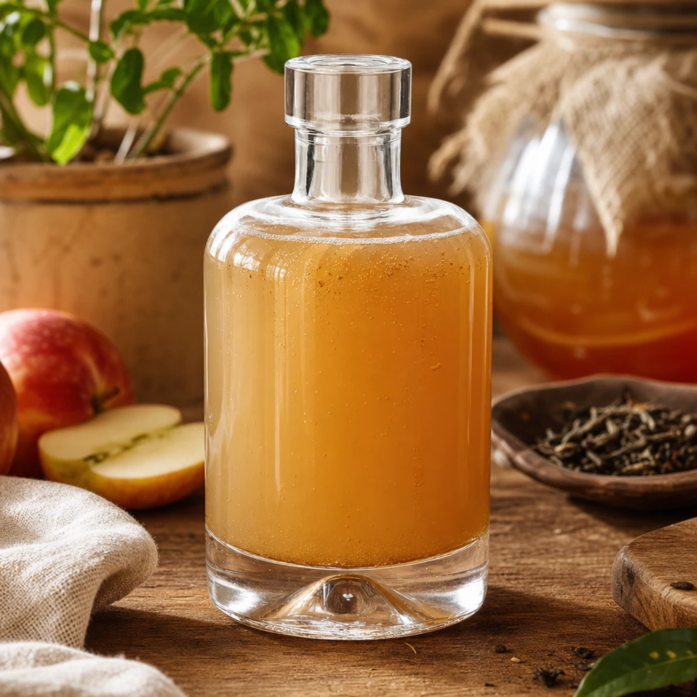 50 ml glasflaske 50ml Glasflasche "Amelie" ohne Verschluss UNiTWIST uden låg UNiTWIST® 50 ml glasflaske Amelie fyldt med æblecidereddike ved siden af æbleskiver og krydderier viser brug til eddike og vinaigrette