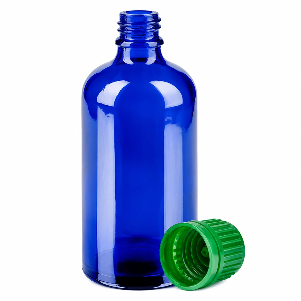 100 ml flaske 11 mm SV grøn OV BlueLine UT18/100 100 ml medicinflaske blå med grøn hætte 11 mm åbning til farmaceutiske anvendelser
