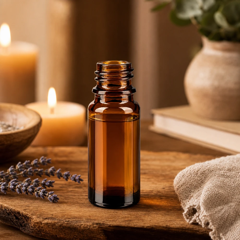 Dropperflaske 10 ml DIN 18 lavet af ravfarvet glas 10 ml brun apotekerflaske ApoGlas med lavendelblomstlys og aromaterapitilbehør på træbakke