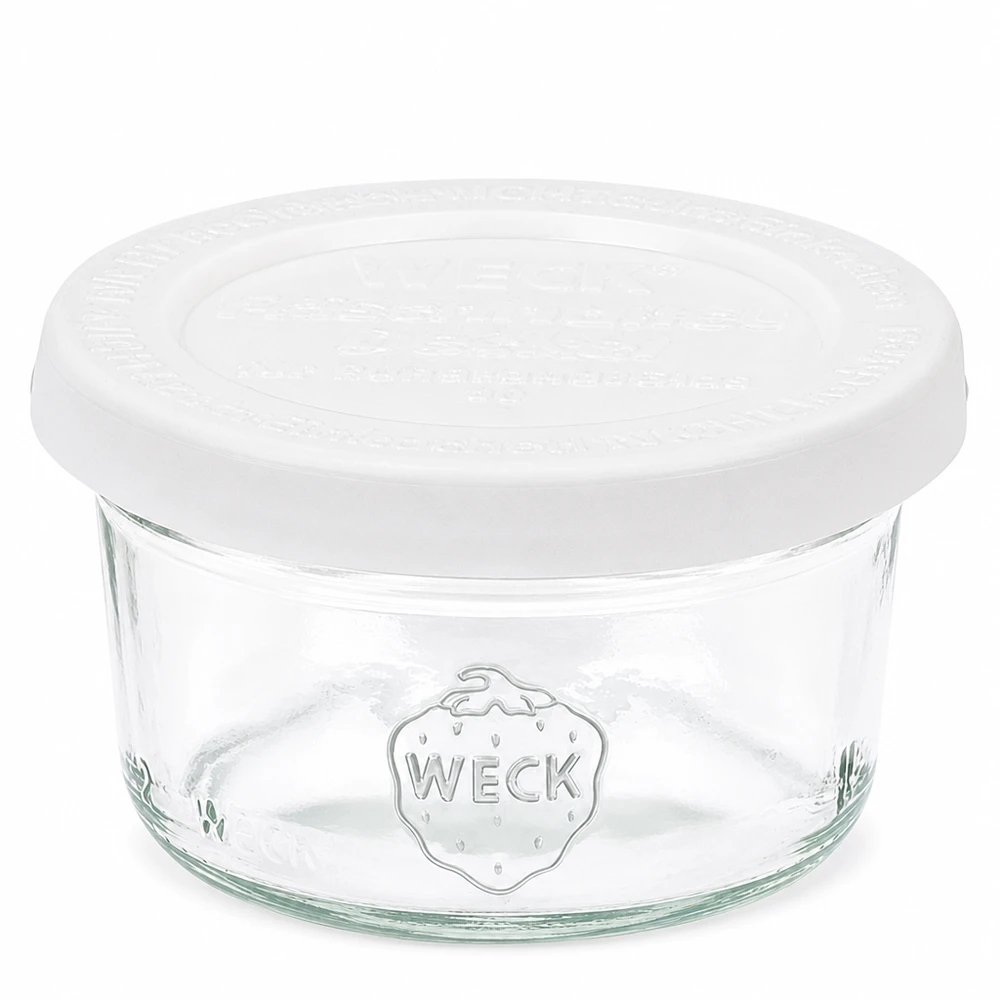 50 ml Briller med friskhedslåg WECK RR60 50 ml WECK RR60 murerbalje med hvidt glaslåg til konservering og opbevaring