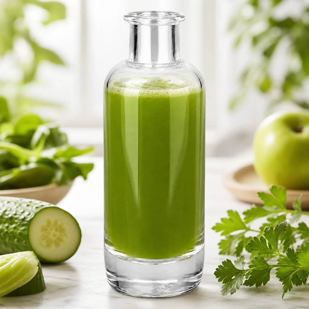 200 ml glasflaske »Ella« uden låg UNiTWIST® 200 ml apoteksflaske Ella fyldt med grøn smoothie viser anvendelse til drikkevarer og kosmetik