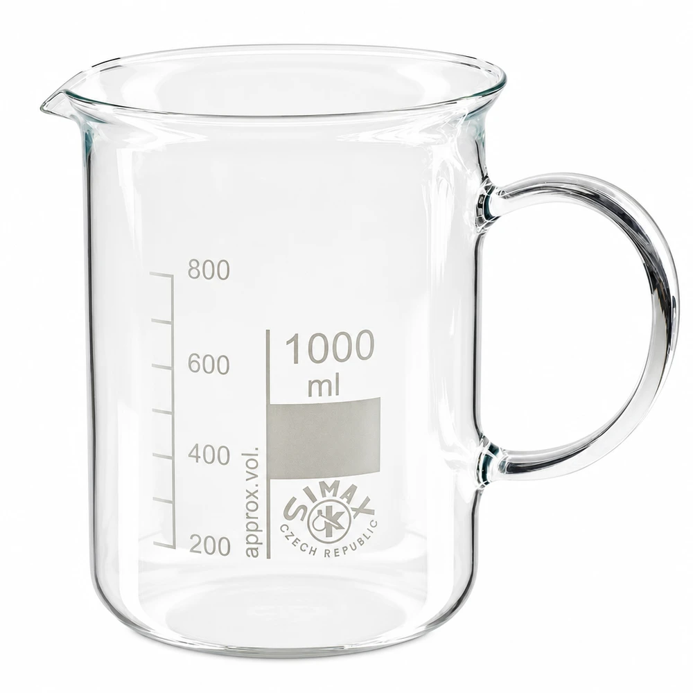 Bæger 1000 ml borosilikatglas, med håndtag 1000 ml bæger med hank af gennemsigtigt borosilikatglas fra Simax Czech Republic