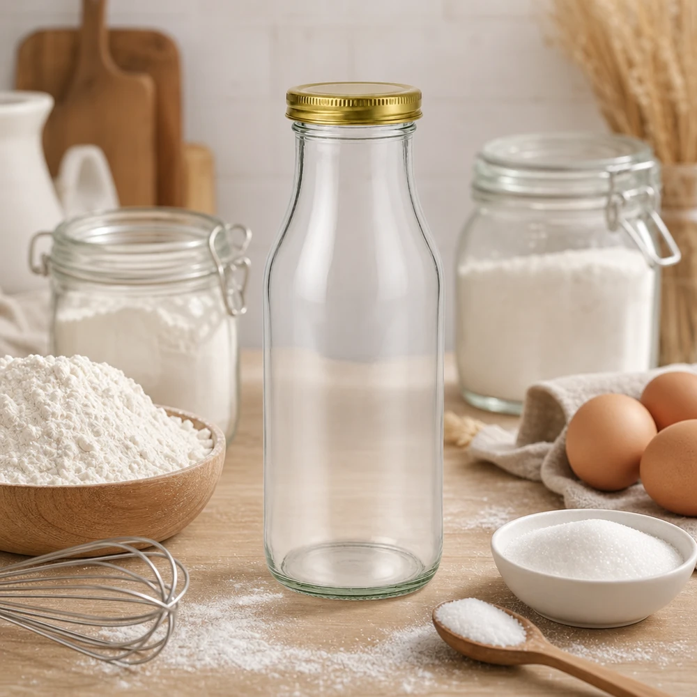 UNiTWIST Flaske263 med guld. Låg TO43 BioSeal UNiTWIST Bottle263 mit goldenem TO43 BioSeal Deckel als stylische Backzutat-Aufbewahrung zwischen Mehl und Eiern