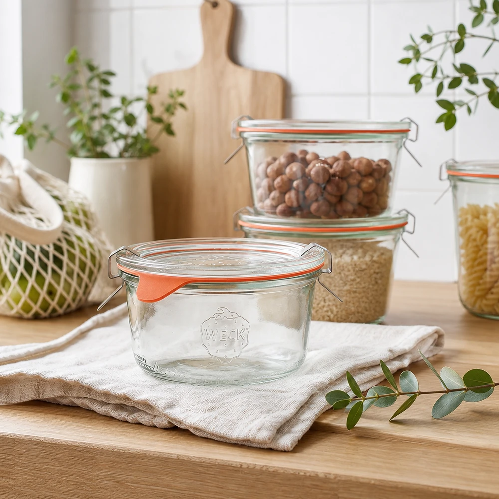165 ml Briller komplet WECK RR80 WECK 165 ml RR80-bægre i et moderne køkken med opbevaringsglas fyldt med nødder og morgenmadsprodukter på en træbordplade