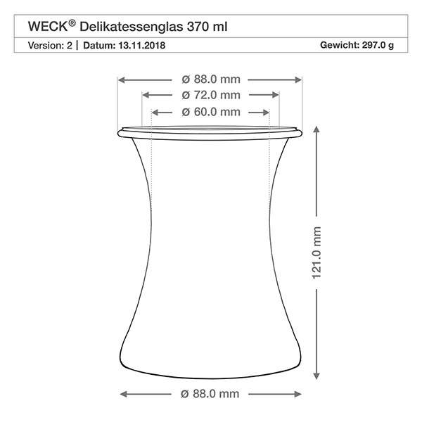 Sæt med 12 Weck-krukker 370 ml delikatesse-krukke WECK Delikatessengl 370ml RR80 teknisk tegning Dimensioner Diameter Højde Produktspecifikation