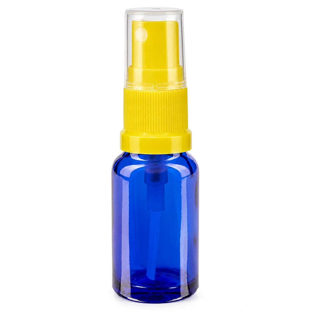 Apotekerflaske blå 30 ml spraytilbehør gul 30 ml blå glasflaske med gul sprøjtehoved og gennemsigtig beskyttelseskappe til apoteker