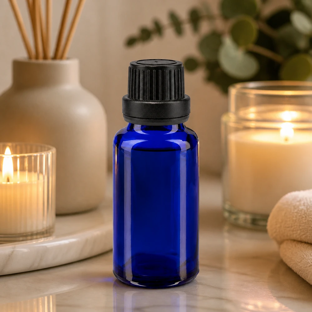 20 ml apotekerflaske, blå med sort dråbepropp til æteriske olier og aromaterapi