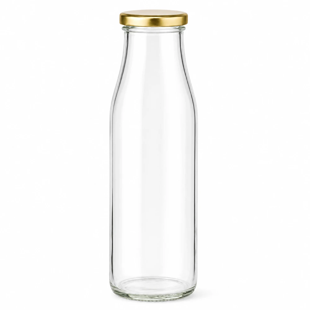 500 ml glasflaske + BasicSeal-låg guld UNiTWIST. Absolut lækagesikker med stort TO48-låg. Til mælk, juice og limonade. 500 ml glasflaske med guld BasicSeal-låg tom gennemsigtig til drikkevarer mælk juice UN-certificeret