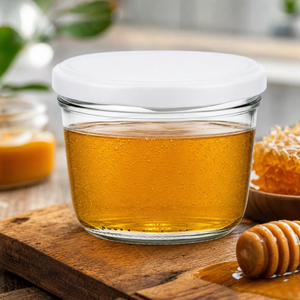230 ml Briller med BasicSeal-låg hvid UNiTWIST 230 ml glas med hvidt låg til honning - biavlerglas med honningske på et rustikt træbord