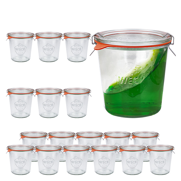 Sæt med 18 Weck-krukker 580 ml Briller med 18 glaslåg, 1 Sæt med 18 Weck-krukker 580 ml Briller med 18 glaslåg, 1