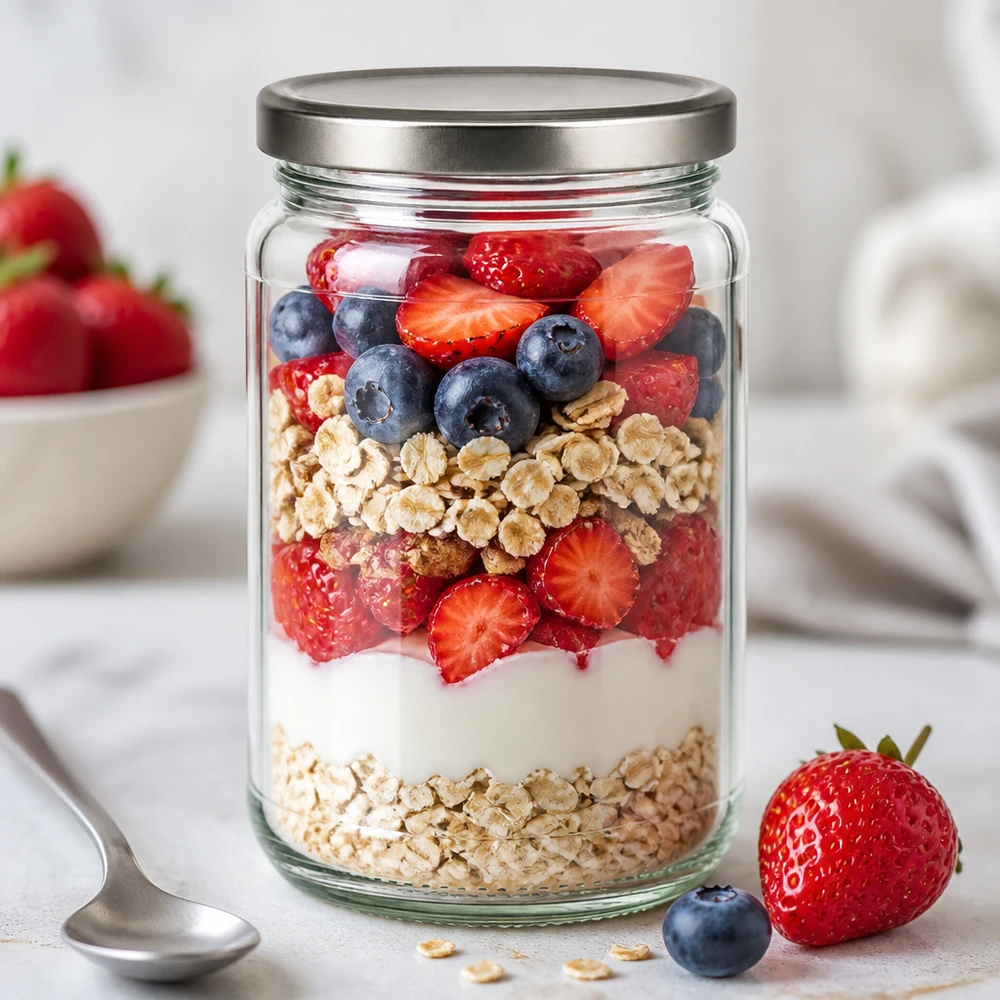 305 ml rund krukke med BasicSeal-låg sølv UNiTWIST 305ml Rundglas als Overnight Oats Schichtdessert mit Beeren und Granola - BasicSeal Deckel silber für Meal Prep