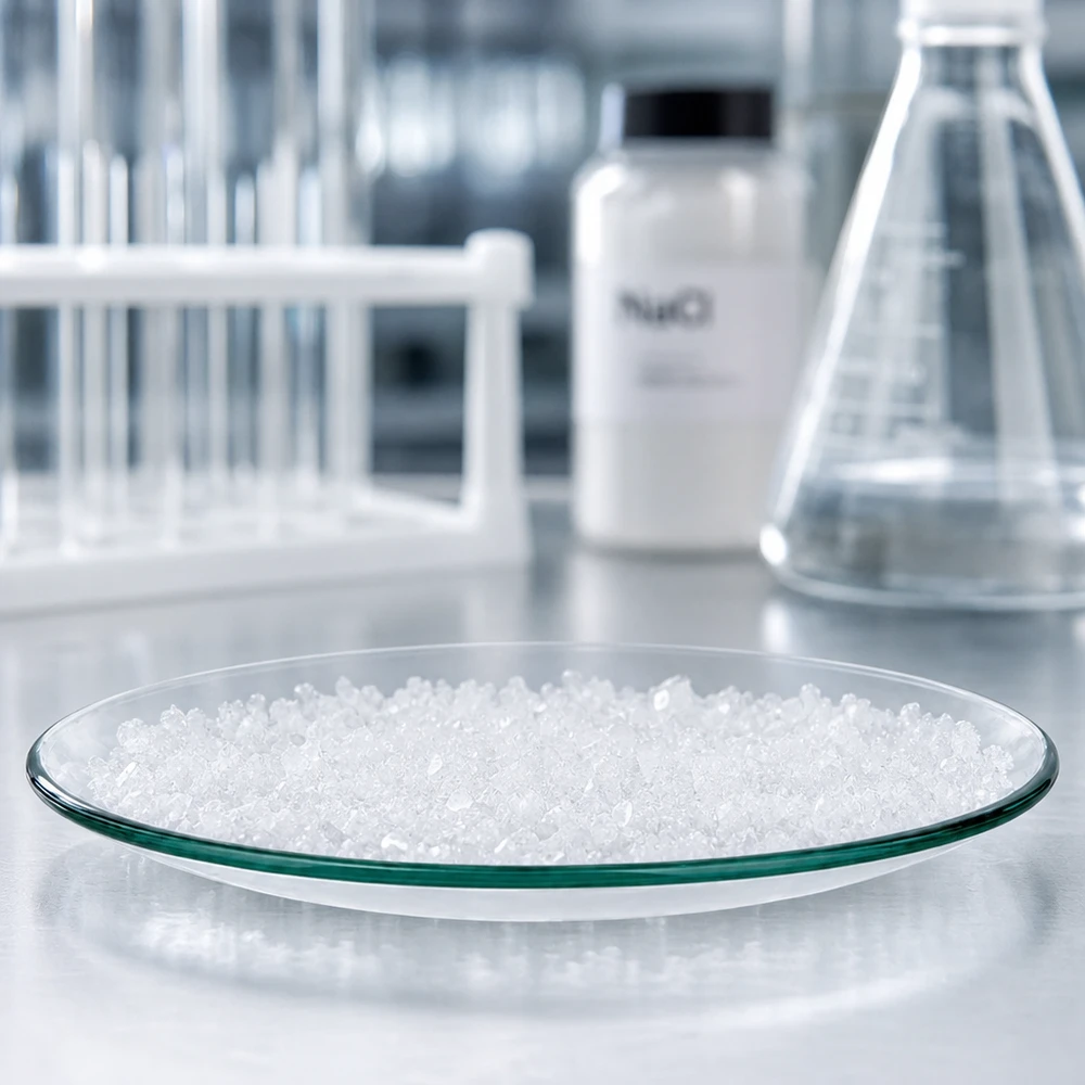 Urglasskål Ø 110 mm Se glasskål 110 mm i diameter med hvidt granulat i et sterilt laboratoriemiljø