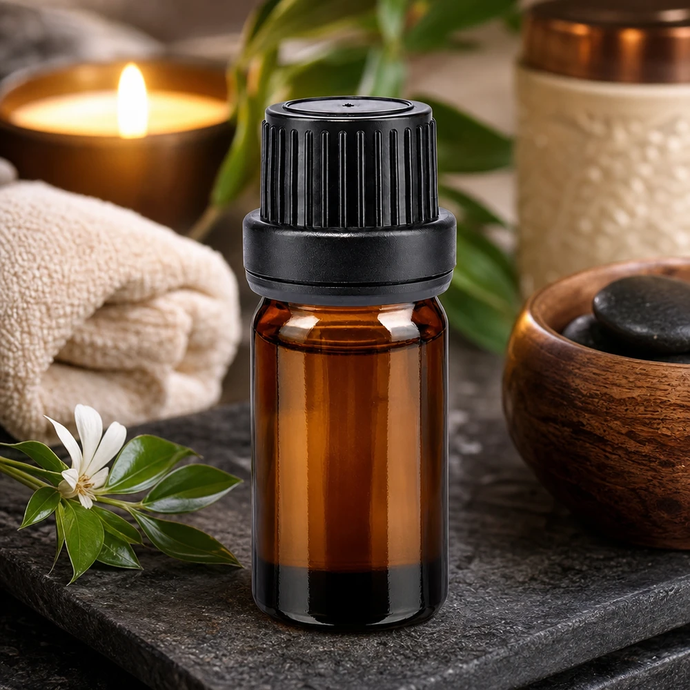 5 ml brun glasflaske med sort 11 mm låg blandt massagesten og aromastearinlys