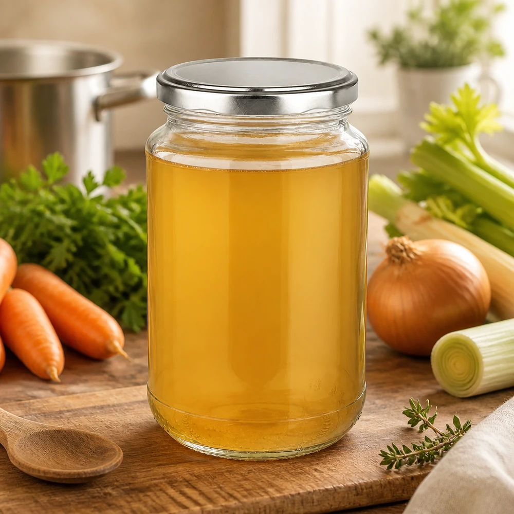 320 ml rundt glas + BasicSeal sølv UNiTWIST Hjemmelavet grøntsagsbouillon i et 320 ml rundt UniTwist-glas med sølvfarvet BasicSeal-låg