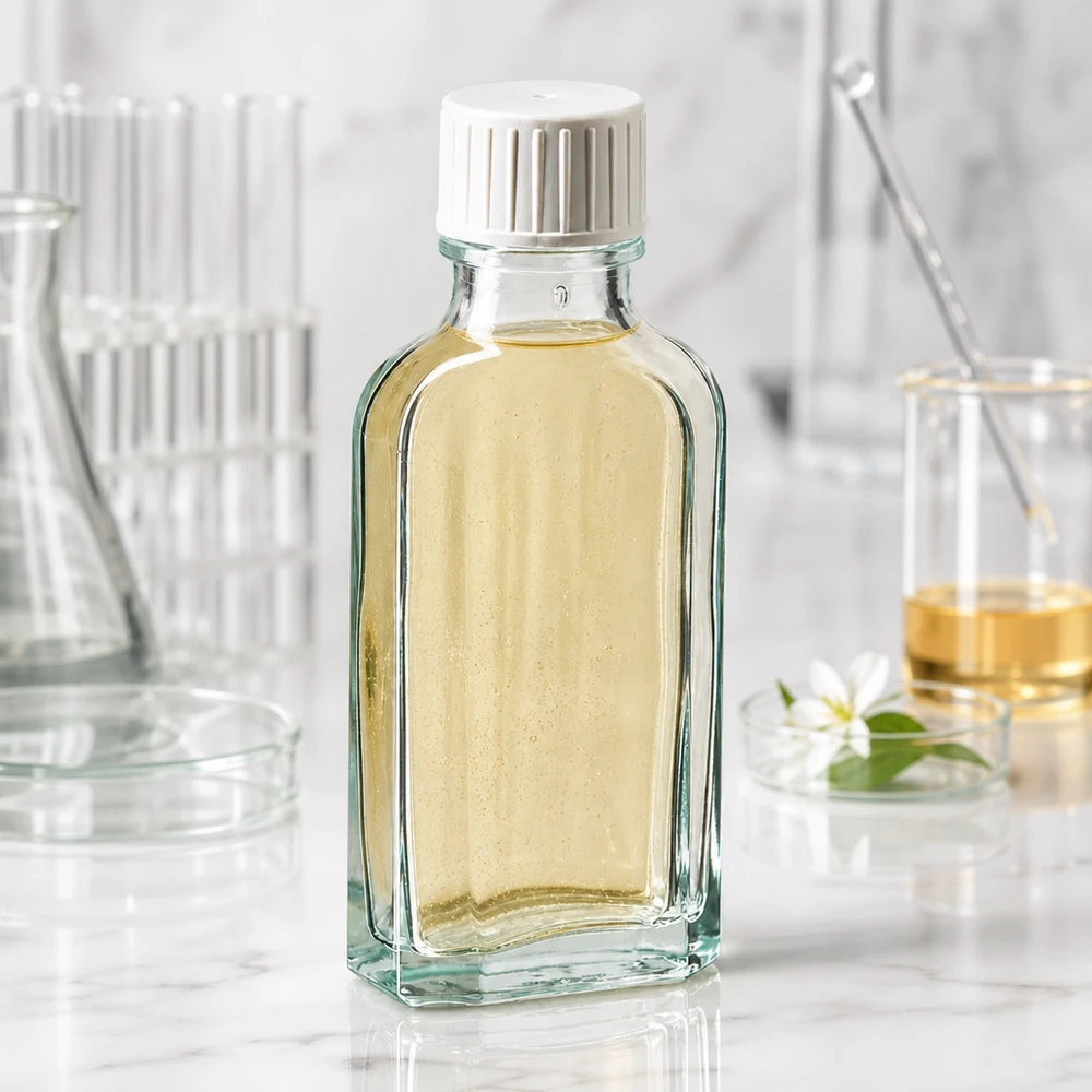 Rektangulær flaske af klart glas, 50 ml, med hældering til æteriske olier og laboratorieprøver