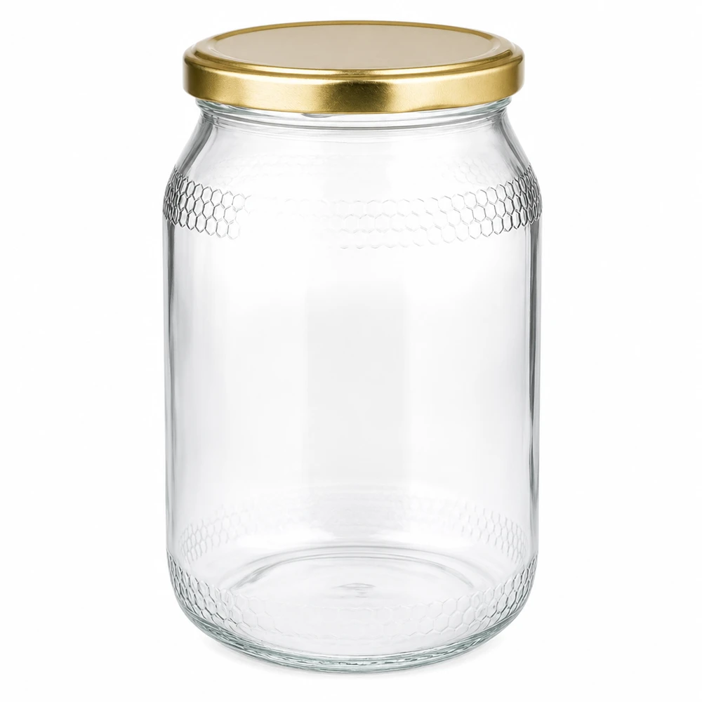 1260 g honningglas med gyldent BasicSeal UNiTWIST-låg 900 ml honningkrukke med gyldent BasicSeal UNiTWIST-låg - tom glaskrukke til honning med honeycomb-prægning