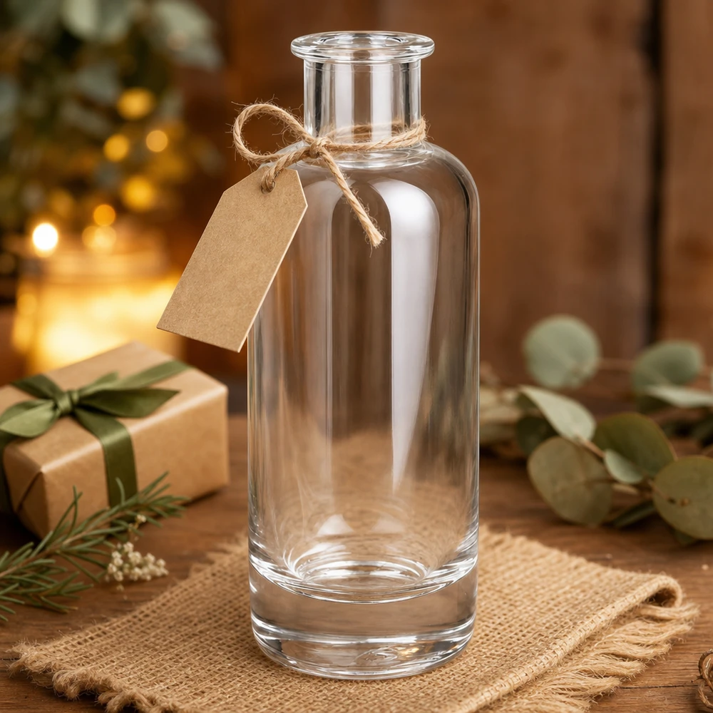 200 ml glasflaske »Ella« uden låg UNiTWIST® 200 ml glasflaske Ella tom med gavemærke og jutebånd som julegave dekoreret på træ