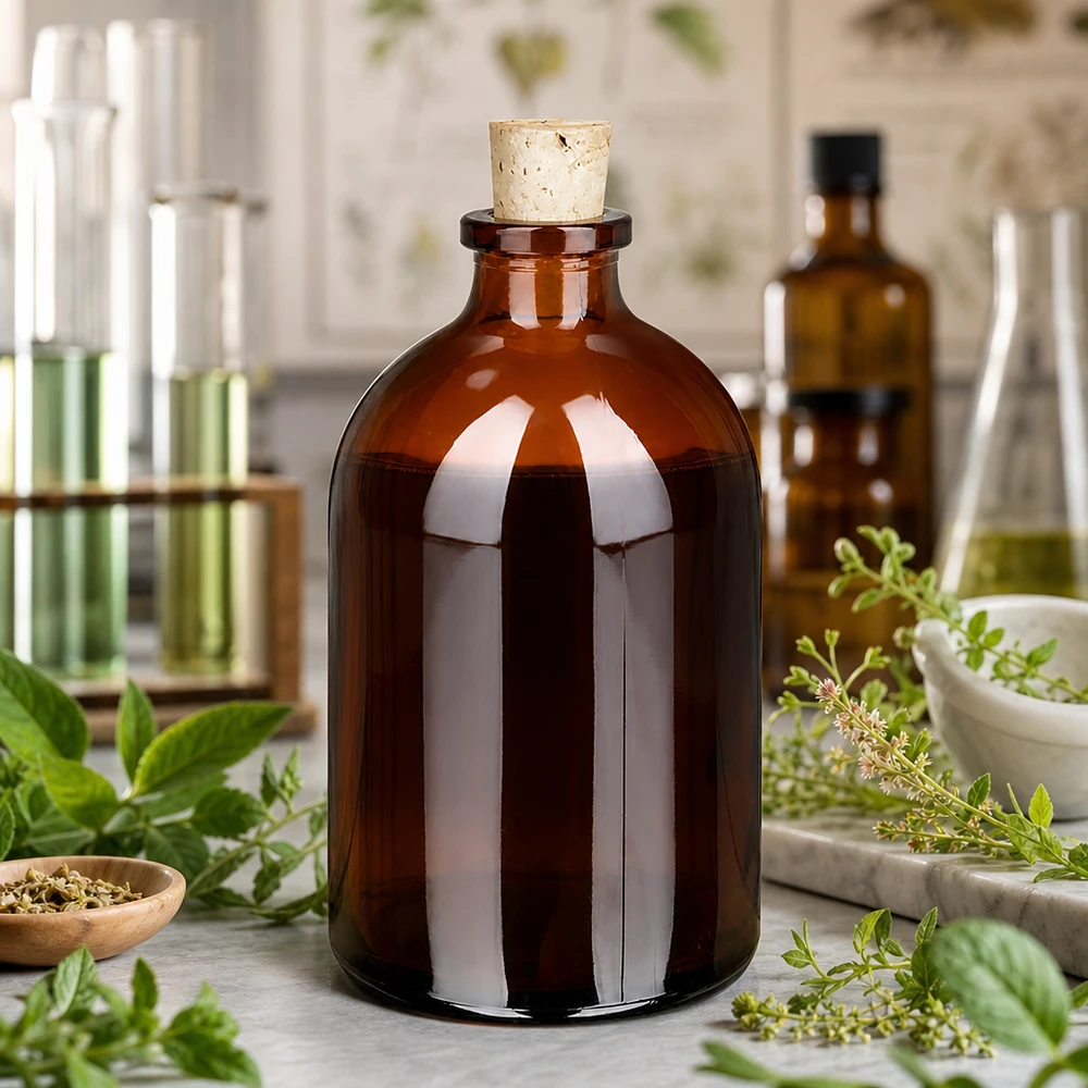 Flaske ravfarvet glas 100ml med kork 11/14mm Rundbodenflasche 100ml Braunglas mit Korkdurchmesser 11/14mm neben Mörser und Kräuterextrakten