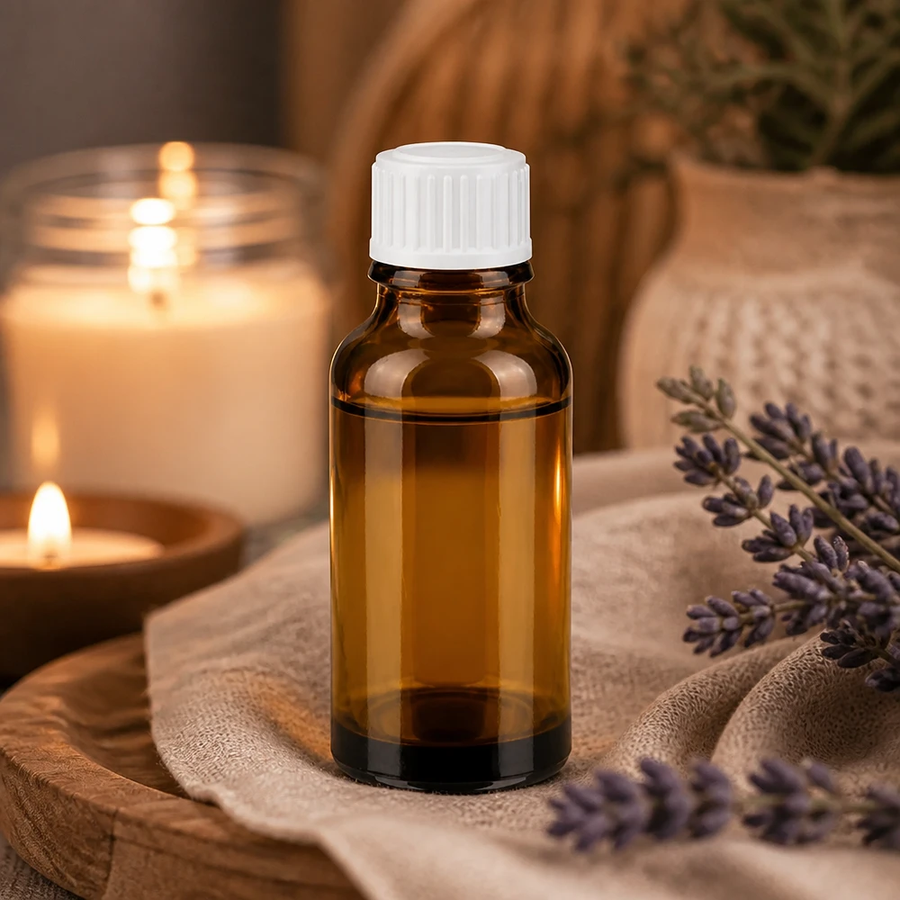 En ravfarvet glasflaske på 20 ml med hvidt dråbehoved på et træfad med lavendel