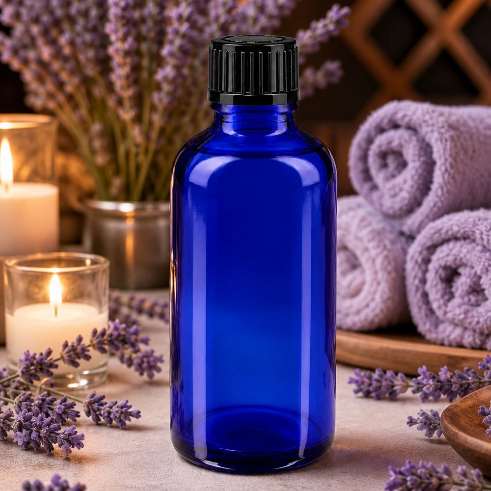 Apoteksflaske blå 50ml skruelåg sort pc Blå glasflaske på 50 ml med sort låg mellem lavendelblomster og stearinlys