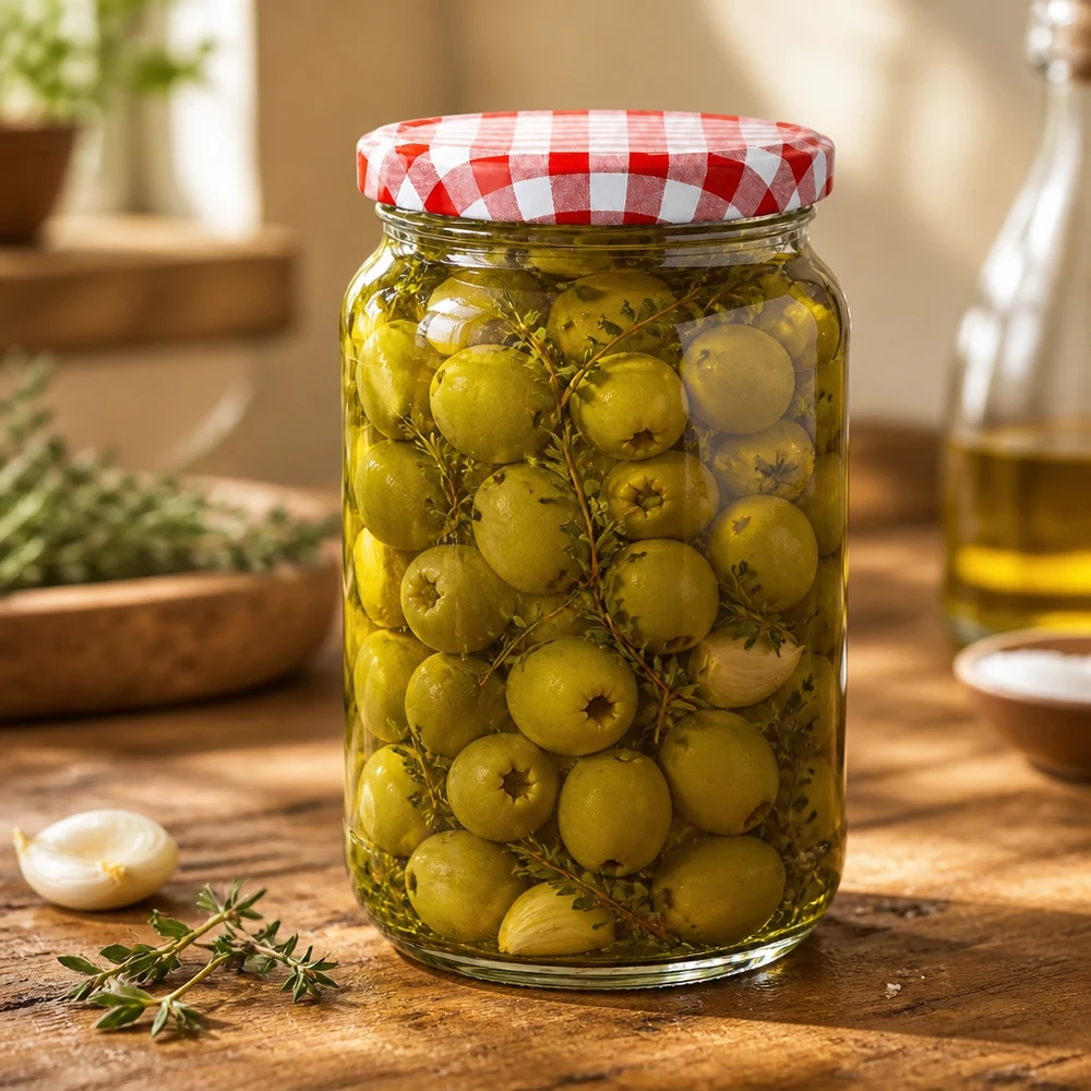 1062 ml rund krukke + BasicSeal-låg rød/hvid UNiTWIST 1062ml Rundglas BasicSeal Deckel mit eingelegten grünen Oliven und Kräutern auf Holztisch Einmachglas Antipasti