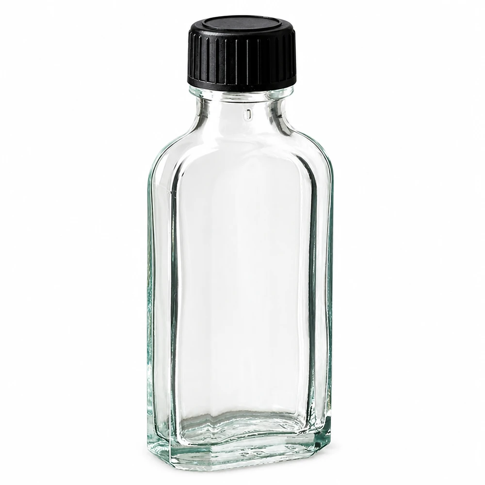 50 ml Meplat-glasflaske, klar, med sort skruelåg og LKD-tætningsskive