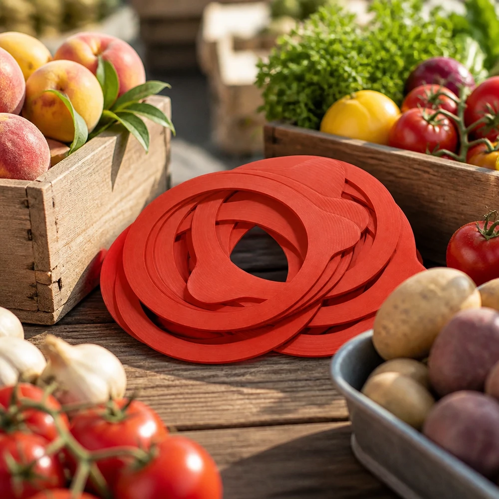 Tætningsring af naturgummi RR80 Einkochring RR80 Naturgummi rot auf rustikalem Holztisch mit frischem Obst Gemüse Marktstand Atmosphäre Einkochen