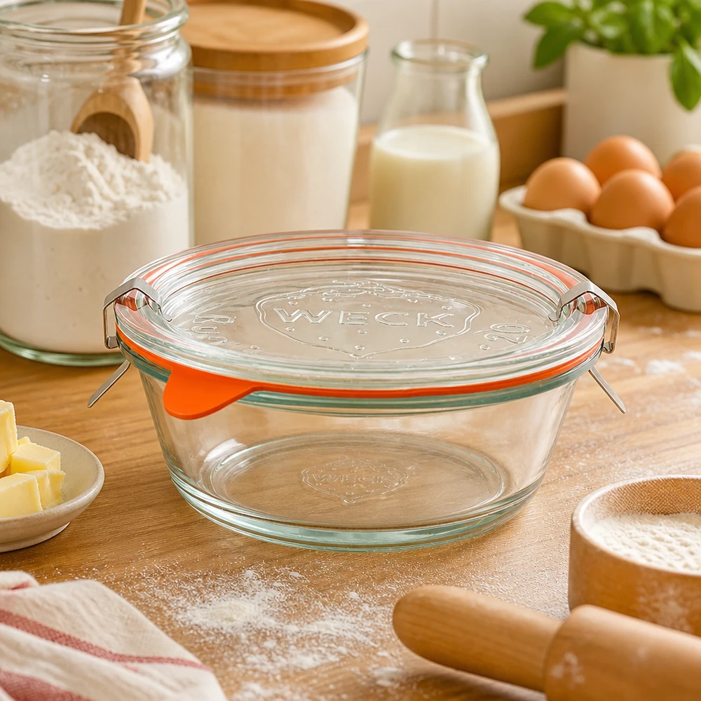 300 ml gourmetglas komplet WECK RR120 WECK gourmetkrukke 300ml RR120 i bagekøkkenet med bageingredienser, mel, æg og mælk, alsidig køkkenkrukke