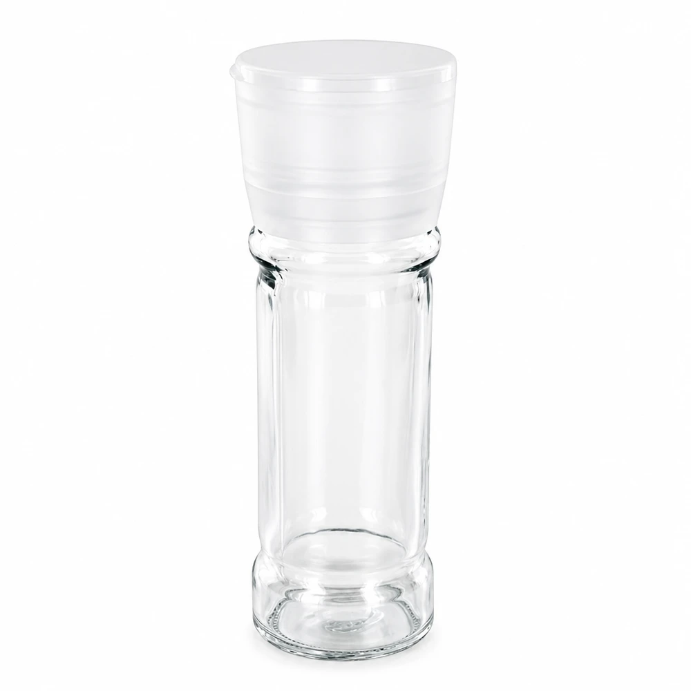 Salt-/krydderikrukke 100 ml med kværn, Vario, hvid Tom krydderikrukke på 100 ml med hvid plastkværn af klart glas til salt og krydderier