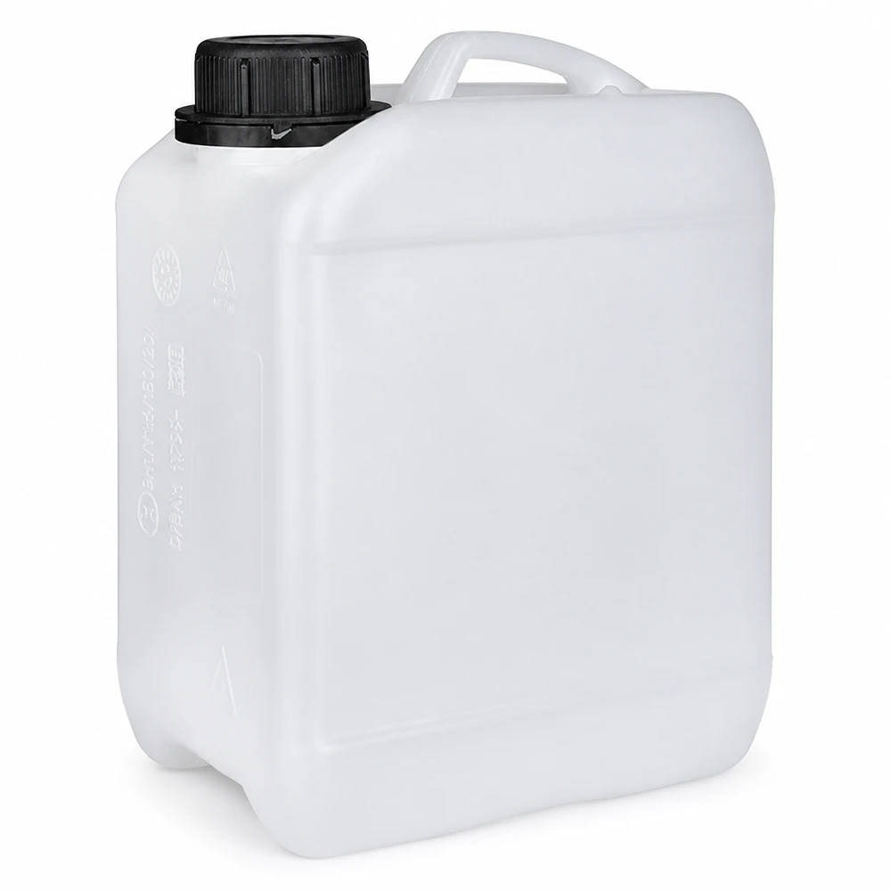 Hvid plastdunk på 2,5 liter med sort skruelåg og bærehåndtag