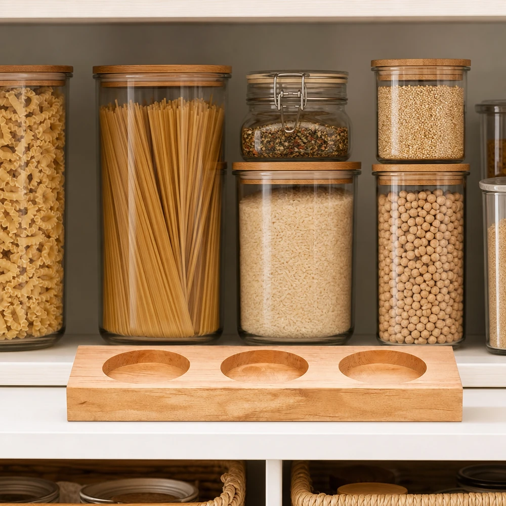 Serveringsbræt Plano3 til 3 WECK-glas Plano3 serveringsbræt til WECK-krukker i organiseret opbevaringskøkken med pasta og bælgfrugter i opbevaringsglas