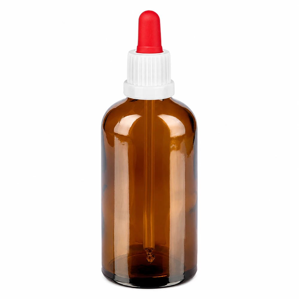 100 ml pipetteflaske hvid/rød OV BrownLine UT18/100 100 ml pipetteflaske brun med hvid hætte og rød pipette til præcis dosering