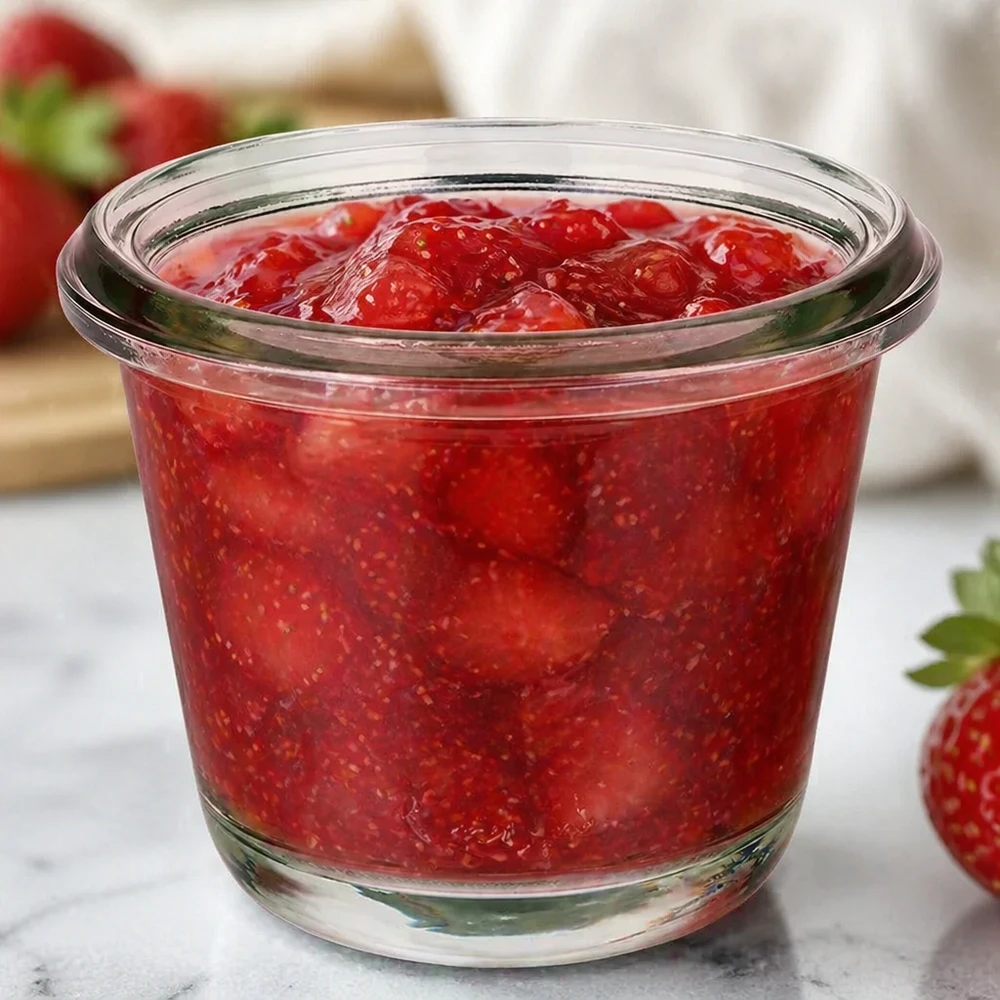 80 ml gourmetglas WECK RR60 WECK Gourmet-krukke RR60 80ml fyldt med rød jordbærmarmelade mellem friske jordbær på en marmorbordplade