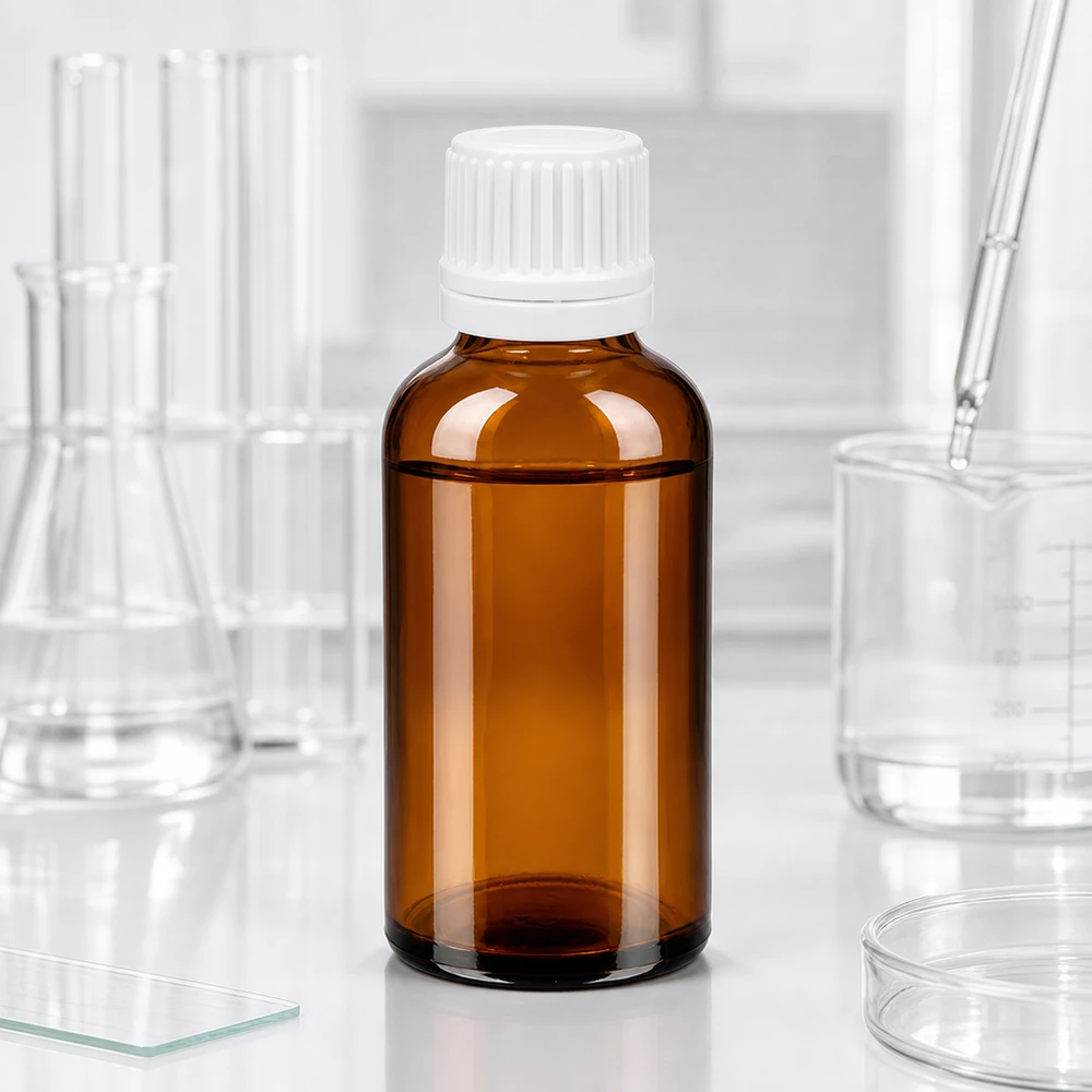 50 ml Dropperflaske 0,7 mm hvid OV BrownLine UT18/50 Kompakt 50 ml dråbeflaske af ravfarvet glas med hvidt skruelåg til laboratorie- og lægemiddelbrug