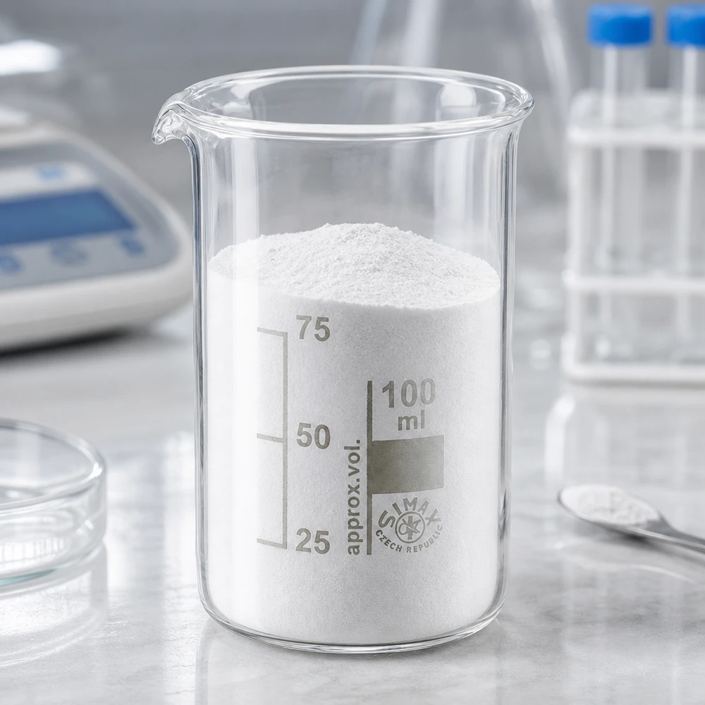 Bægerglas 100 ml borosilikatglas, høj form Hvidt pulver i et 100 ml højbæger af borosilikatglas på laboratoriebordet