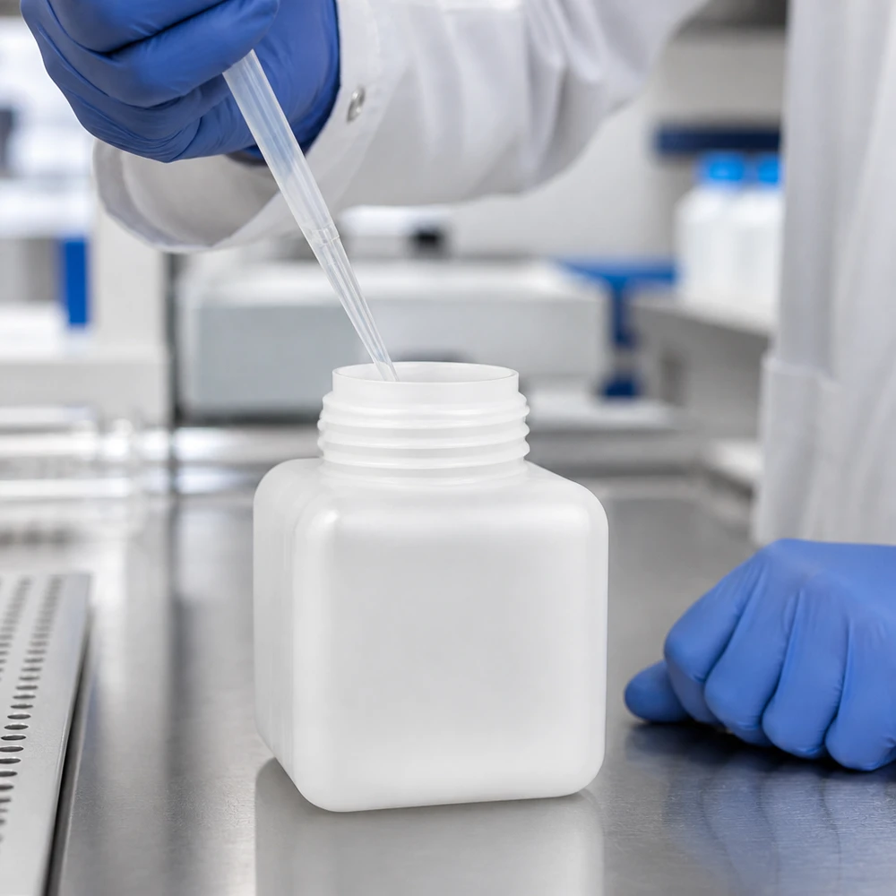 Kemikalieflaske 500 ml, bred hals fremstillet af PE-HD, naturfarve, GL 65 Laboratorieteknikeren pipetterer prøven i en 500 ml naturfarvet PE-HD-flaske med bred hals i renrumslaboratoriet